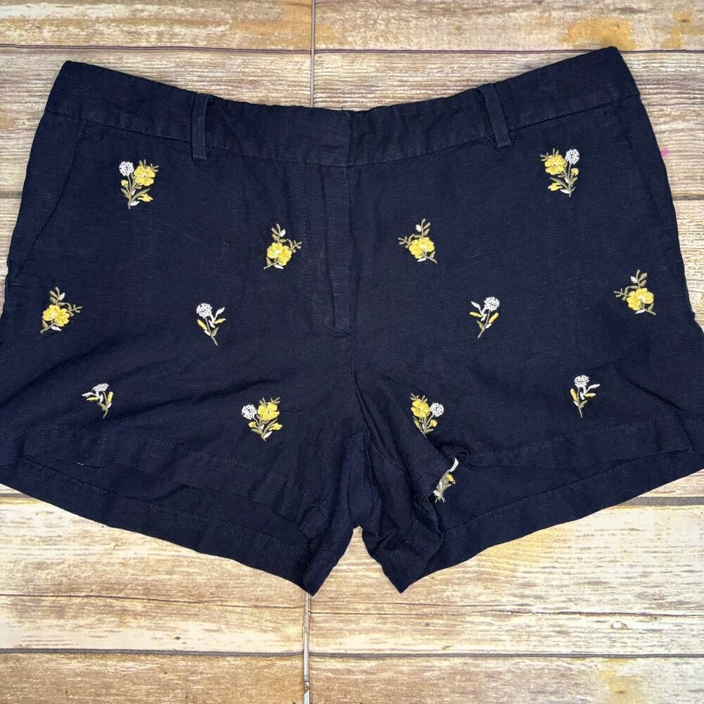 LOFT Navy Floral Embroidered Linen Blend Shorts Womens Sz 6